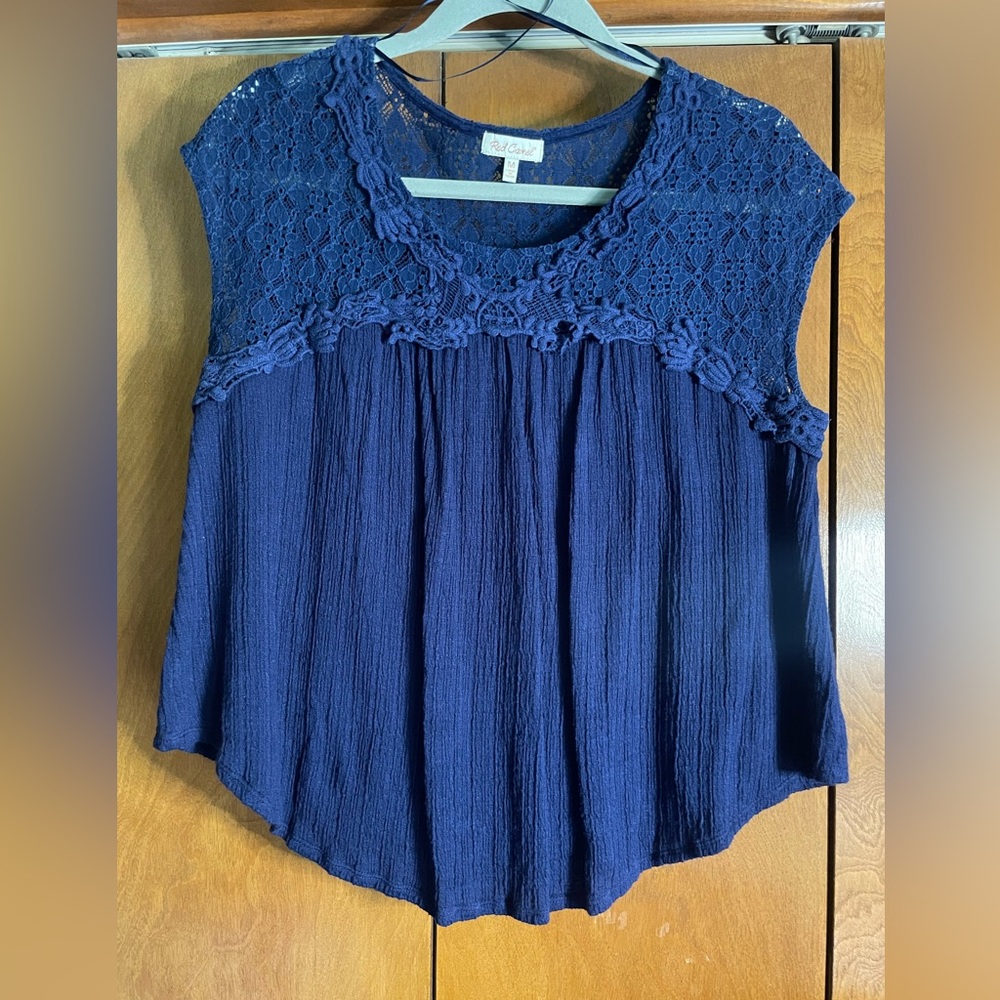 Red Camel Lace-Trimmed Navy Blue Top